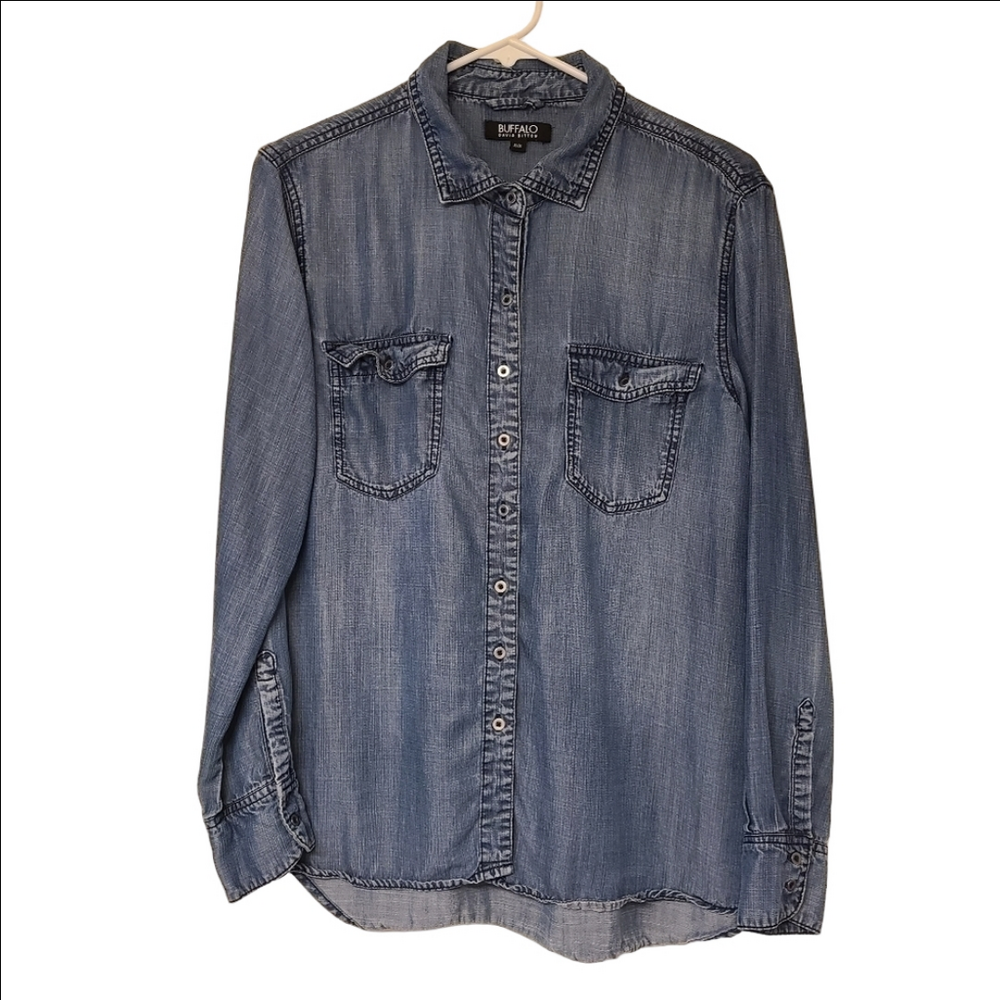Y2K Buffalo Denim Chambray Button Down Shirt Dark Wash Pockets Long Sleeves